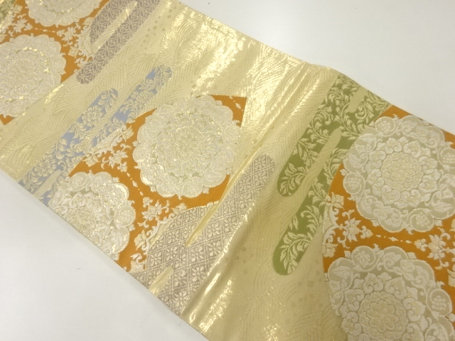 JAPANESE KIMONO / ANTIQUE FUKURO OBI / SILK / WOVEN FLORAL CREST